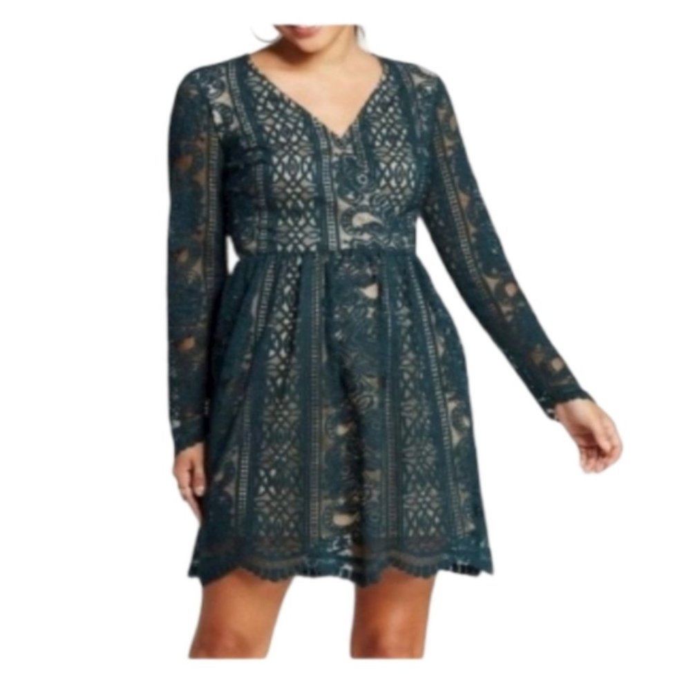 NWT Target Xhilaration Forest Green Lace Nude Underlay Dress XXL
